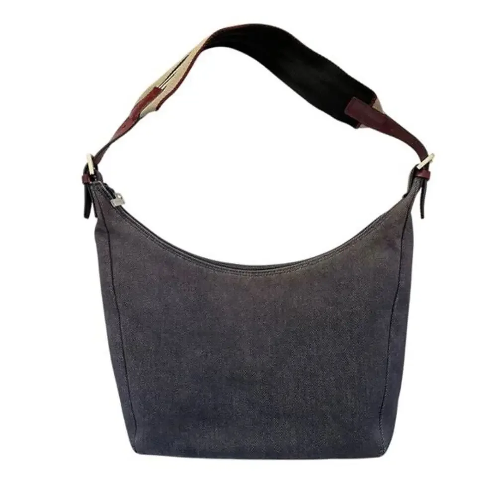 Burberry Vintage Y2K Denim Blue Icon Stripe Leather Strap Hobo Shoulder Bag